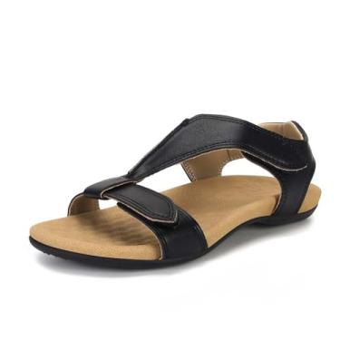 Imagem de MAIJED Sandálias femininas com suporte de arco ortopédicas sandálias planas ajustáveis confortáveis para caminhada, Preto, 38