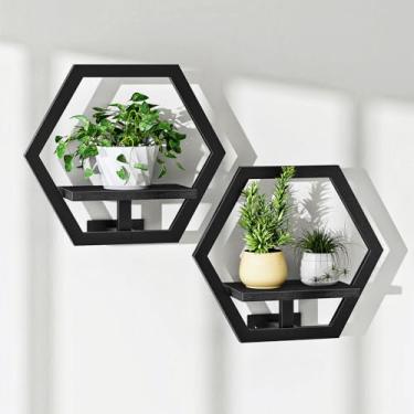 Imagem de CHOEZON Prateleiras flutuantes hexagonais para parede, conjunto de 2, decoração de parede, suporte para plantas internas, moldura de metal, para sala de estar, quarto, cozinha, escritório em casa