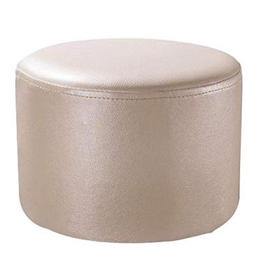 Imagem de Pufe redondo de couro com pernas de madeira maciça - branco, otomano pequeno de 28 x 28 x 30 cm para sala de estar, mesa de centro, banco estofado elegante, decoração de casa moderna