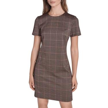 Imagem de H Halston Vestido feminino de manga curta e gola redonda com detalhes de botão, Bordeaux Multi, 42