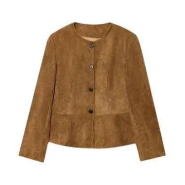 Imagem de Jaqueta Curta De Camurça Feminina Com Manga Longa, Decote Redondo, Bot