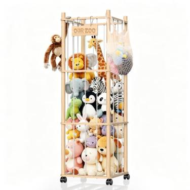 Imagem de Belveora Organizador de animais de pelúcia, suporte de zoológico de brinquedo de pelúcia de madeira com rodas, torre de armazenamento de grande capacidade para sala de jogos e quarto, berçário