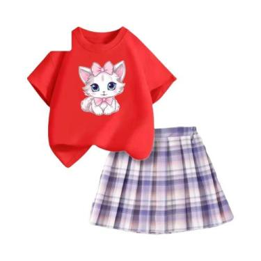 Imagem de Conjunto De Verão Para Meninas: Camiseta Rosa Com Laço E Saia Xadrez, 