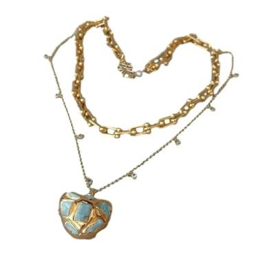 Imagem de DWBPGVUN Colar com pingente de larimar azul em forma de coração banhado a ouro corrente camadas declaração colar 50,8 cm presentes