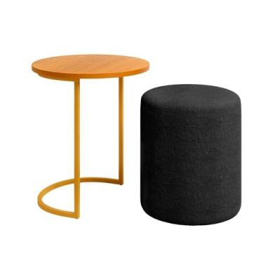 Imagem de Puff Redondo com Mesinha de Apoio, Design Moderno, Tecido Boucle Preto, Estrutura Ferro Dourado, Tampo MDF Freijó.