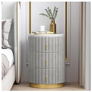 Imagem de Mesa de cabeceira com tampo de mármore moderna mesa de cabeceira redonda estofada de veludo armário nórdico com 3 gavetas armário de cabeceira para quarto mesa de cabeceira 40 x 58 cm, cinza