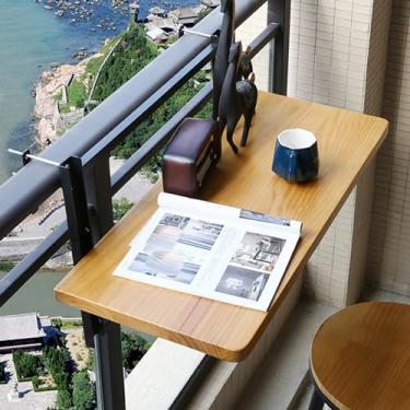 Imagem de ZXLPHA Varanda, mesa de corrimão ao ar livre, deck de varanda de madeira maciça ajustável para parede, grades laterais para pátio e jardim