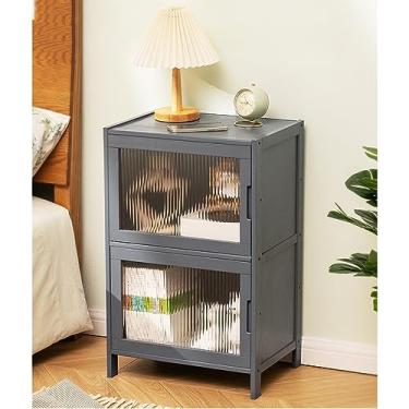 Imagem de Mesa de cabeceira, prateleira de cabeceira, armário de armazenamento de madeira maciça, armário de armazenamento de quarto (cor: marrom) (cinza)