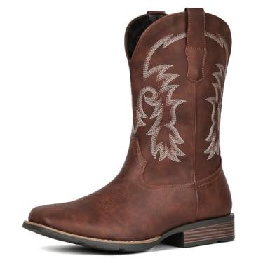 Imagem de IUV Botas de caubói masculinas, bico quadrado, botas ocidentais, botas antiderrapantes com bordado clássico, salto durável, botas country para uso casual e trabalho, Vermelho fosco e marrom, 38