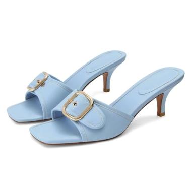 Imagem de Dsevht Sandálias pretas de salto agulha salto baixo sem cadarço, sandália mula, quadrada, bico aberto, sapato social feminino, Azul, 41