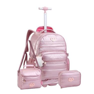 Imagem de Kit Mochila Rodas Lorena Queiroz Metalizada Lancheira Estojo Cor:Rosé 