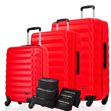 Imagem de Cj de Malas Bordo 10kg + Média 23kg + Grande 32kg, Cadeado Fixo 3 Dígitos, ABS Capacete de Piloto, Padrão ANAC + Kit Organizador Necessaire 6 Peças p Meias e Calcinhas (Neon Vermelho, Kit PMG)