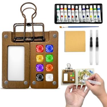Imagem de Mini conjunto de tinta aquarela, conjunto de aquarela de viagem com 12 cores, paleta de bolso de madeira, caderno de esboços, pincel de água e clipe, mini kit de arte para esboços ao ar livre e