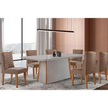 Imagem de Conjunto: Mesa de Cozinha Tilia Curvo 180cm + 6 Cadeiras Dafne Naturale/Off White - Suede Capuccino - Rufato