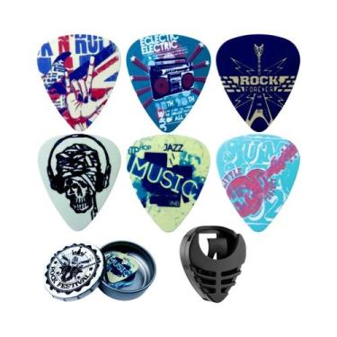 Imagem de Palhetas De Guitarra Médias (6 Unidades) Em Caixa De Metal Com Suporte