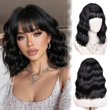 Imagem de Peruca ondulada curta com franja para mulheres, peruca ondulada, comprimento nos ombros, cabelo sintético macio sedoso, perucas pretas para meninas uso diário em festas