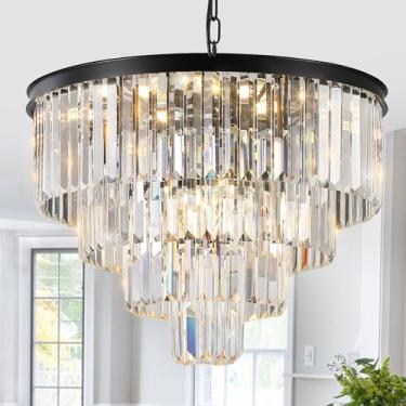 Imagem de Lustres modernos de cristal preto, lustre redondo de teto de 61 cm, luminária pendente de montagem embutida de luxo com corrente de casa de fazenda 4 camadas K9 lustre para sala de jantar quarto hall