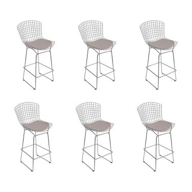 Imagem de Kit 6 Banquetas Bistrô Bertoia Cromada D70 Com Assento Sintético Bege