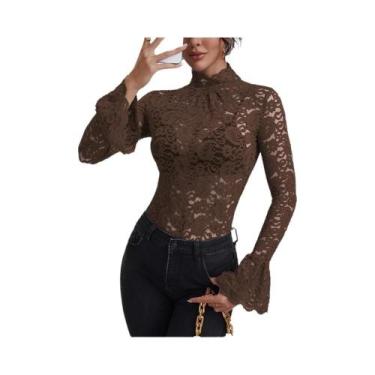 Imagem de Blusa Feminina Elegante De Renda Slim-fit Com Gola Alta, Manga Longa E