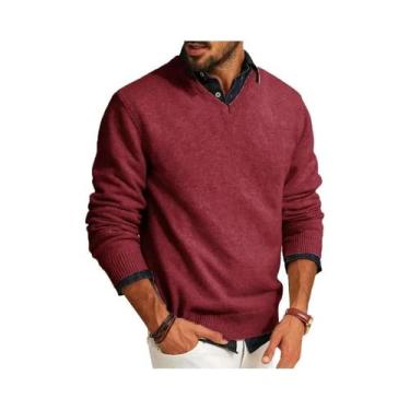 Imagem de Suéter Masculino Slim Fit De Lã Com Decote Em V, Leve, Manga Longa, Ca