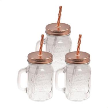 Imagem de Kit 3 Copos Canecas Vidro Grosso Retrô Vintage Com Tampa e Canudo 500m