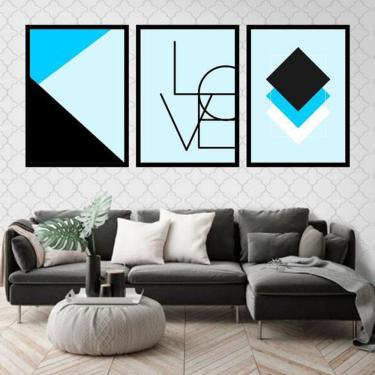Imagem de Kit 3 Quadros Decorativos Love Geométrico Azul Claro 34x23cm
