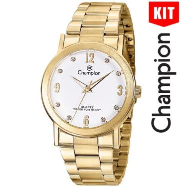 Imagem de Relógio Champion Kit Feminino Branco Dourado Strass Cn29025w