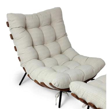 Imagem de Kit Poltrona Costela Com Puff Para Sala Tecido Veludo Bege Neros Interiores