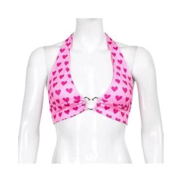 Imagem de Top Cropped Bustiê Feminino Com Estampa De Coração Rosa, Sem Mangas, C