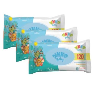 Imagem de Kit 3 Toalhas Umedecidas Dinno Baby com 120 Unidades  Limpeza Suave, H