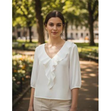 Imagem de Blusa Manga 3/4 em Malha Viscose com Babado Lunender 35902, Branco, P