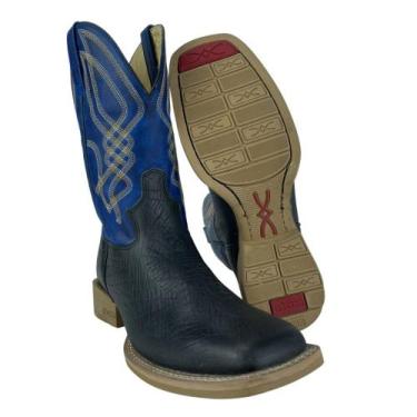 Imagem de Bota Country Masculina Couro Legítimo Jacomo Preto E Azul Bico Quadrad