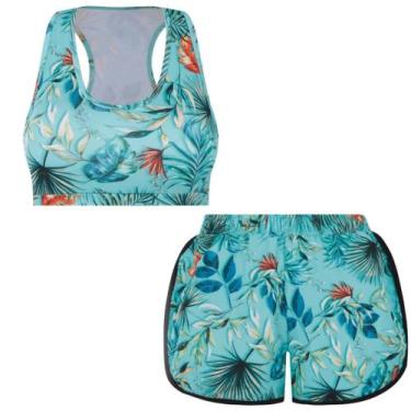 Imagem de Kit Top Feminino Com Short Sport De Corrida Trifil Floral, Verde água,