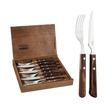 Imagem de Kit para Churrasco 8 Peças 29899-502 em Aço Inox e Madeira com Estojo para Talheres Cabo Castanho Tramontina
