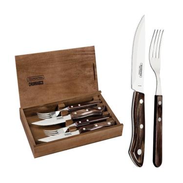 Imagem de Kit Churrasco 4 Peças 29899-511 em Aço Inox com Cabo Polywood e Estojo de Madeira Tramontina