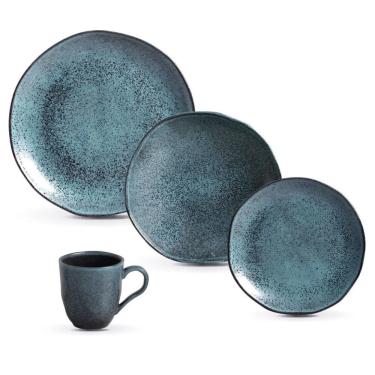 Imagem de Aparelho de Jantar 16 Peças Orgânico Petroleum Cerâmica Stoneware Resistente Micro-ondas e Lava-louças Azul Petróleo