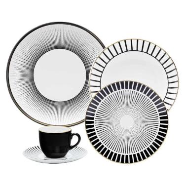 Imagem de Aparelho de Jantar Coup Noir 30 Peças Porcelana Acabamento com Filetes em Ouro Uso Diário Branco Oxford