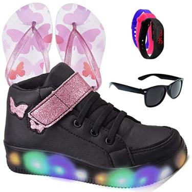 Imagem de Tenis Feminino Botinha De Led Calce Facil Borboleta Glitter Brilho + Chinelo e Oculos Relogio Cor:Preto;Tamanho:23