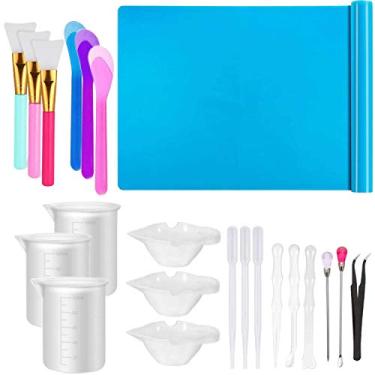 Imagem de EGOSKY Conjunto de ferramentas de resina 22 peças, folha de silicone A3, copos medidores de 100 ml, copos de mistura de silicone, pincéis de silicone, colheres, pipeta para resina epóxi DIY artesanato