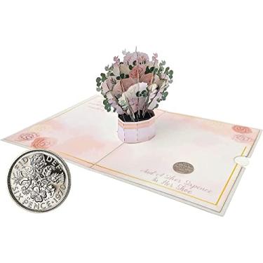 Imagem de Moeda autêntica de seis centavos com cartão pop-up 3D e envelope para a noiva – Algo antigo, algo novo, algo emprestado, algo azul e uma seixpence para seu sapato