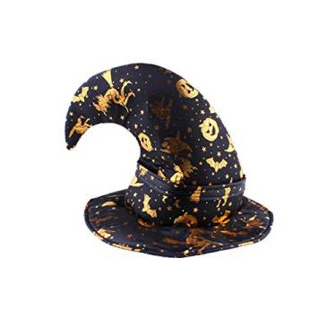 Imagem de Chapéu de bruxa infantil Bestgift chapéu de bruxo fantasia de Halloween chapéu de festa preto + abóbora + bastão + dobra superior