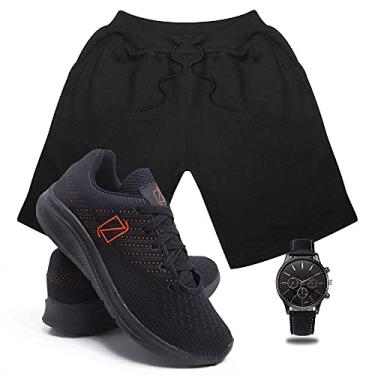 Imagem de Conjunto Bermuda Moletom Masculina + Tenis Masculino Academia Ultra Conforto + Relógio Ponteiro - Preto-PretoLaranja/M-38