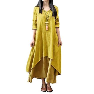 Imagem de WSLCN Vestido Feminino de Algodão e Linho Irregular Manga Longa Camisa Blusa longa Longa Casual Solto Plus Size XXL Amarelo