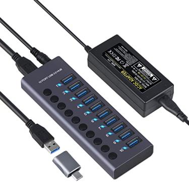Imagem de Chusui 985A 10-Port USB 3.0 Hub USB Splitter Hub USB Docking Station 300MB/S Transmissão de alta velocidade com interruptores individuais 12V 5A Adaptador de energia para Laptop PC Smartphone Tablet T