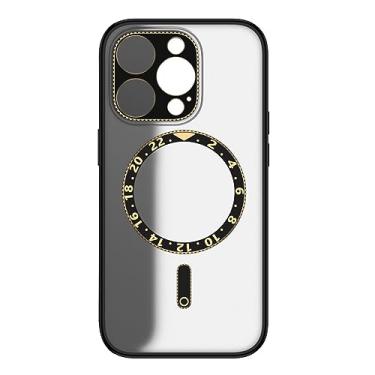 Imagem de HAZARA Capa fina para iPhone 14 Pro Max/14 Plus/14 Pro/14, capa de proteção de lente de liga, capa traseira de disco magnético para relógio, roxo, 14 pro 6,1 polegadas