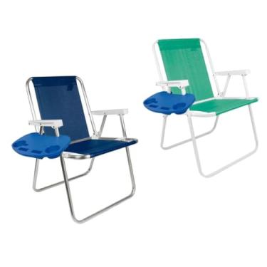 Imagem de Cadeira Praia Alumínio Azul + Cadeira Verde + 2 Mesa