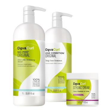 Imagem de Kit Deva Curl No-Poo Shampoo 1L, Condicionador 1L, Creme Modelador Styling Cream 500G