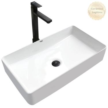 Imagem de Kit Cuba Pia Louça Cerâmica Banheiro C/ Torn E Vál Preta S23