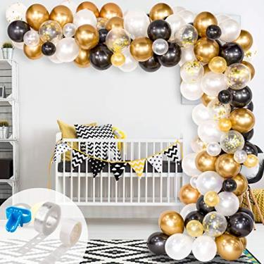 Imagem de Whaline Kit de arco e guirlanda de balão, 120 peças preto, branco, dourado confete e balões de látex de metal com 1 ferramenta de amarrar, fita de balão para formatura, casamento, decoração de aniversário