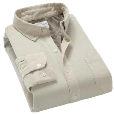 Imagem de Camisa masculina de algodão veludo cotelê quente inverno forro grosso de lã térmica manga comprida camisas masculinas, Branco cremoso., GG